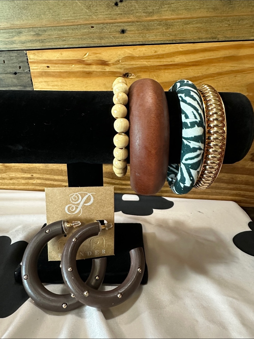 Plunder Green Patterned & Wood Stackable Bracelet Set with wood earrings
